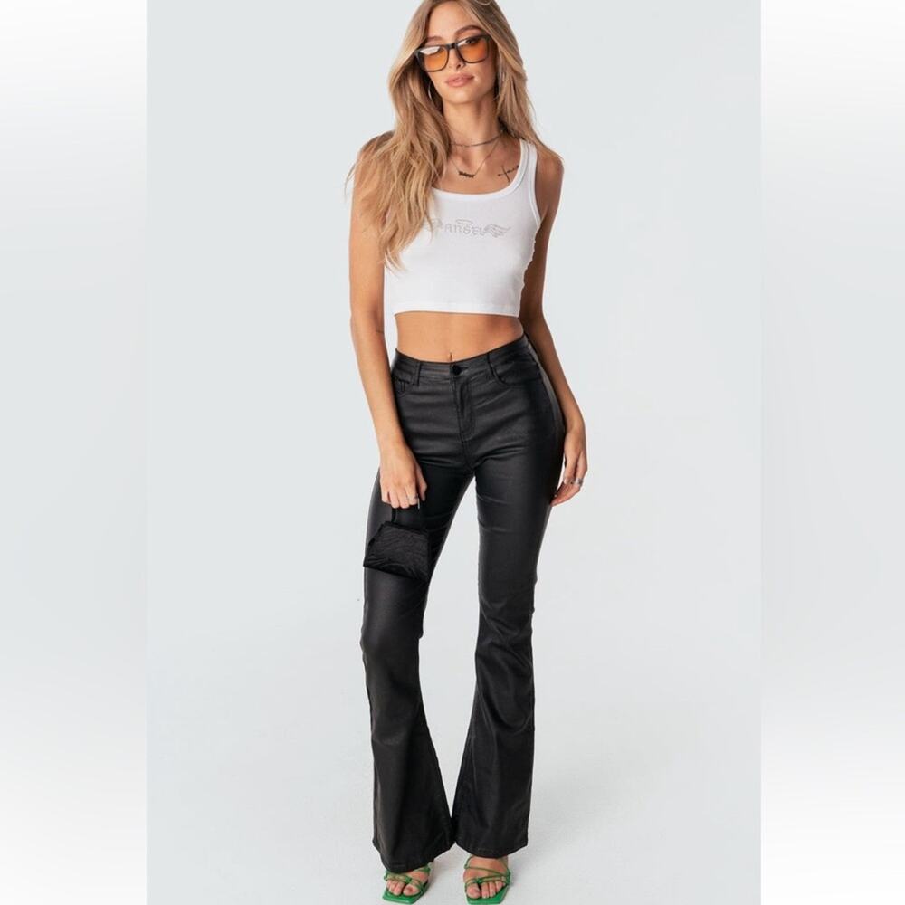 Edikted Luna Faux Leather Flare Jeans XS Black Stretch